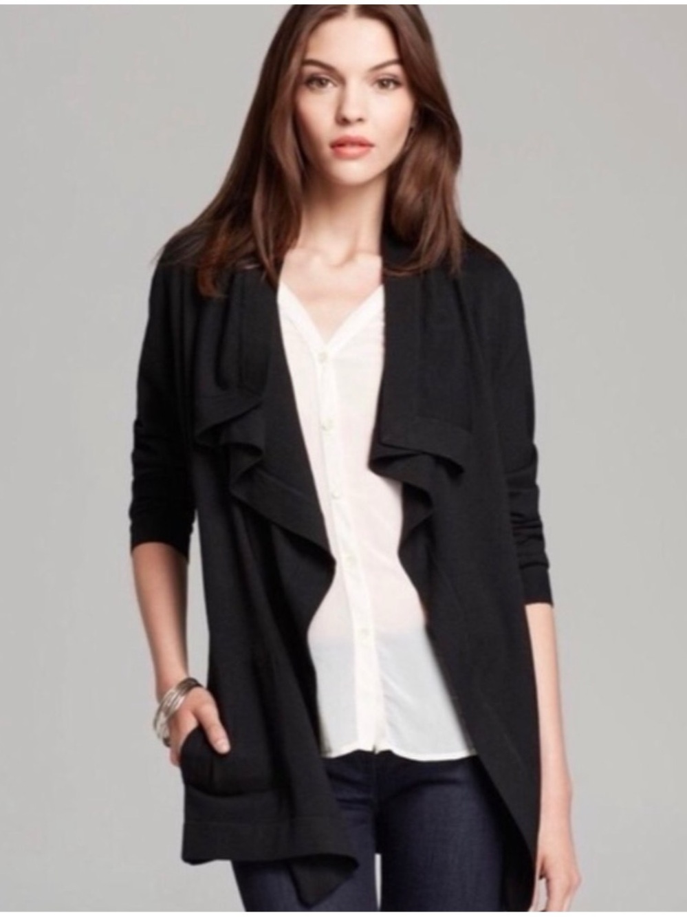 Vince Women’s Sz S Black Draped Cardigan Sweater Wool Blend Open Front